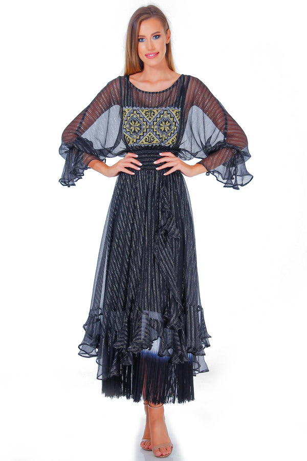 Rochie matase neagra cu broderie ID-8